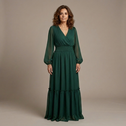 Vestido Largo Mujer Fluido Escote en V Manga Larga - Mavetta