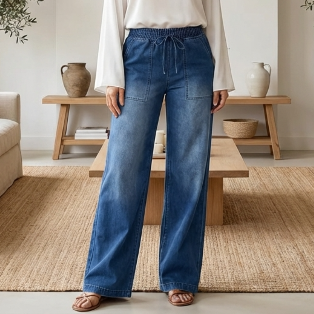 Pantalones Vaqueros Mujer Cintura con Cordón Pierna Ancha - Mavetta