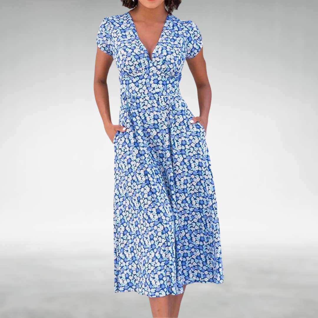 Vestido midi mujer con escote en V bolsillos y estampado floral - Mavetta