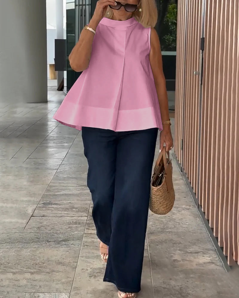 Mujer sin Mangas Cuello Alto Pliegue