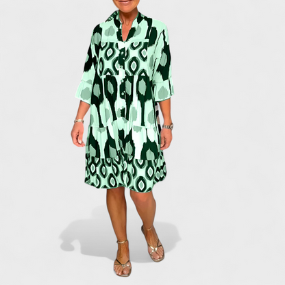 Vestido mujer estampado ikat geométrico cuello en V manga acampanada
