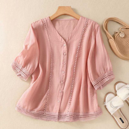 Blusa Mujer Escote en V Botones Detalles de Encaje - Mavetta