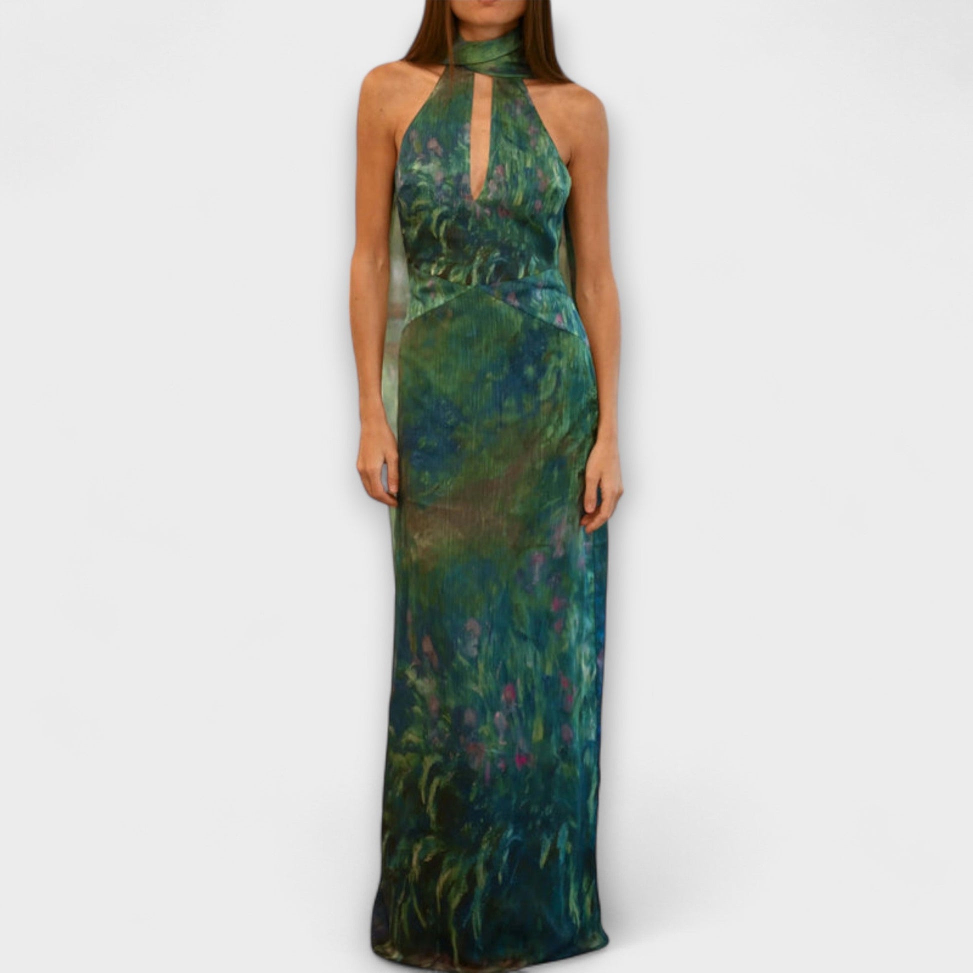 Vestido Maxi Mujer de Gasa Estampado Cuello Halter - Mavetta