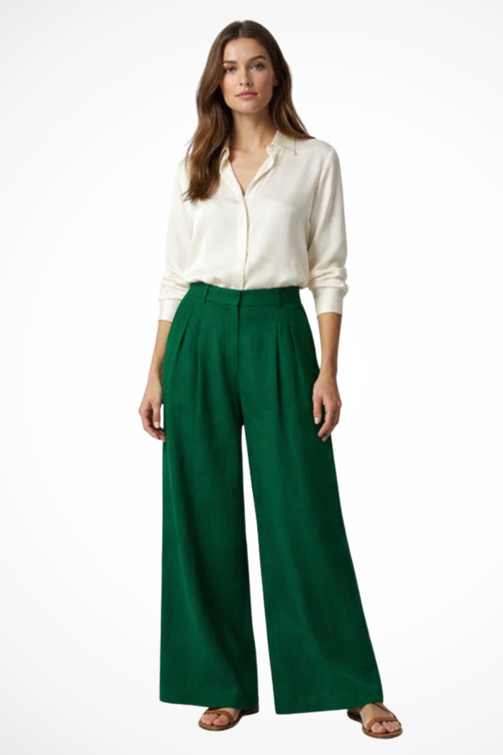 Pantalones Mujer Pata Ancha Pliegues Frontales Cintura Alta