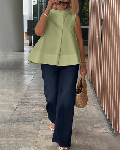 Mujer sin Mangas Cuello Alto Pliegue