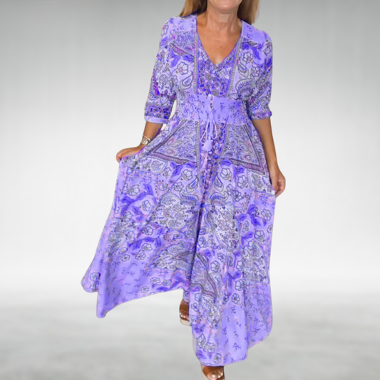 Vestido Maxi Mujer Estilo Bohemio Cuello en V Cintura Elástica - Mavetta