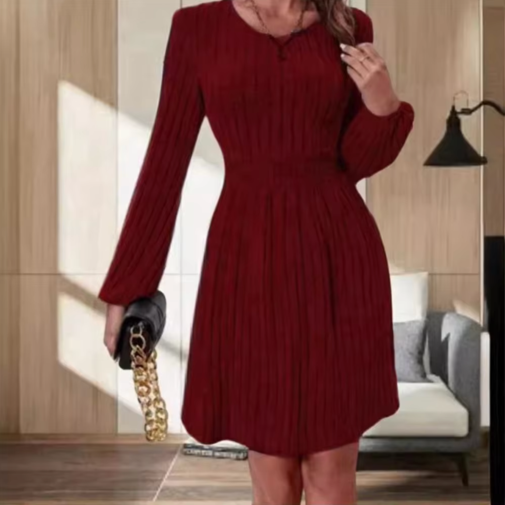 Vestido Mujer de Plumeti Cuello Redondo y Mangas Abullonadas - Mavetta