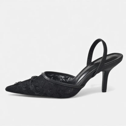 Zapatos Tacón Aguja Mujer Malla Bordada Punta Fina Correa