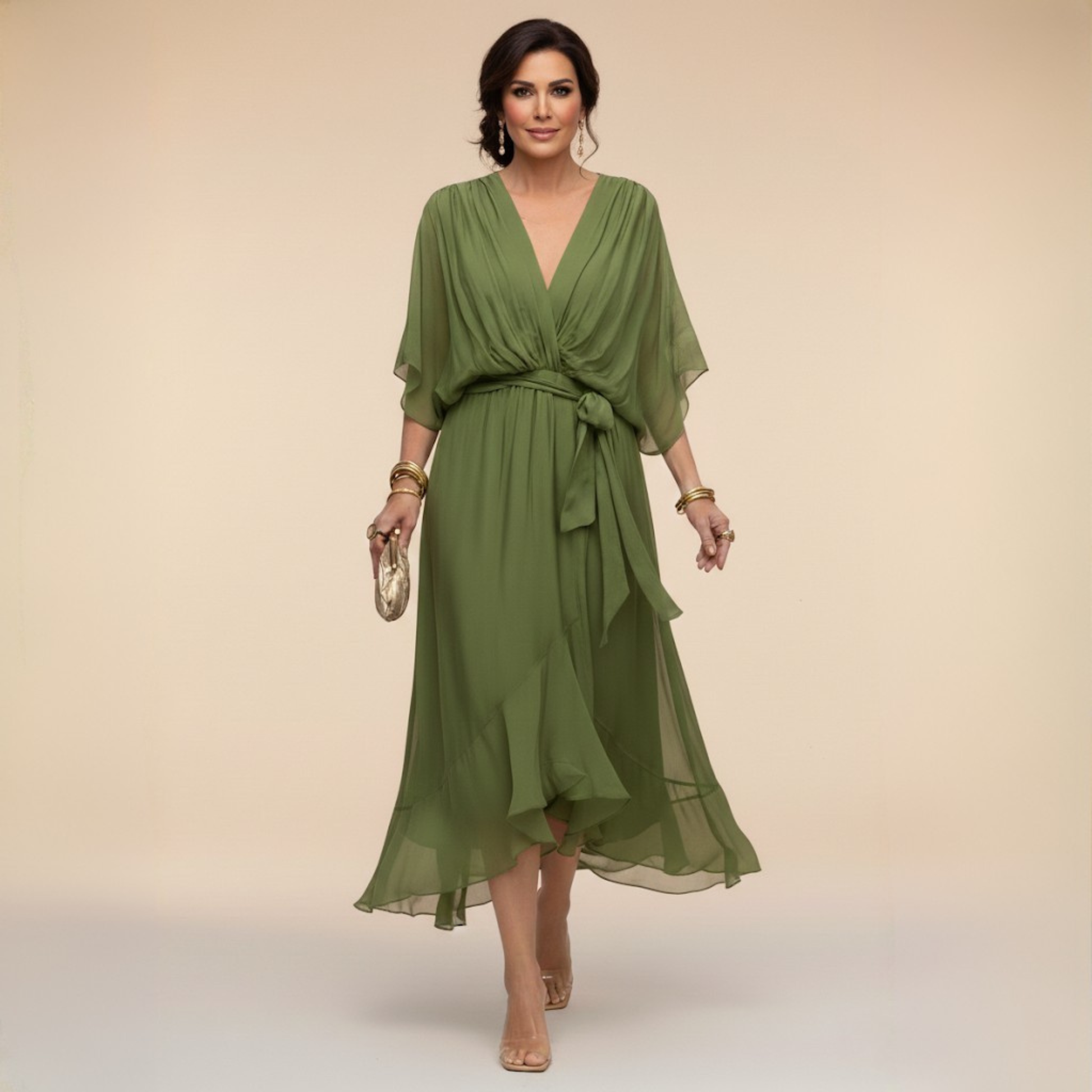 Vestido Midi Mujer Fluido Escote en V Cintura Ajustable - Mavetta
