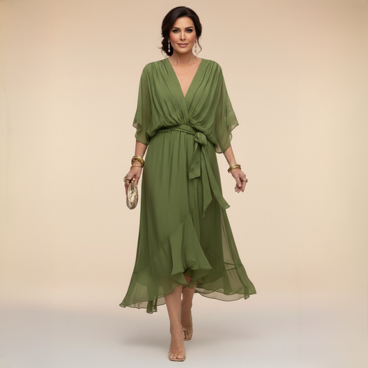 Vestido Midi Mujer Fluido Escote en V Cintura Ajustable - Mavetta