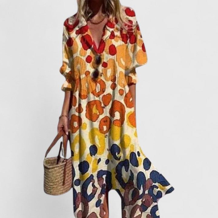 Vestido mujer bohemio estampado escote en V botones falda midi fluida