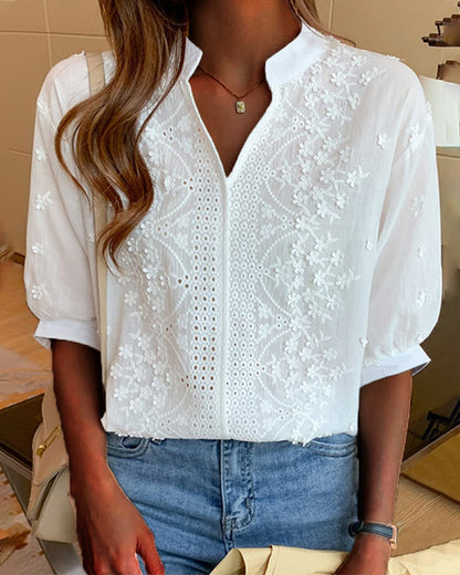 Blusa Mujer de Bordado Manga Suelta Cuello en V - Mavetta