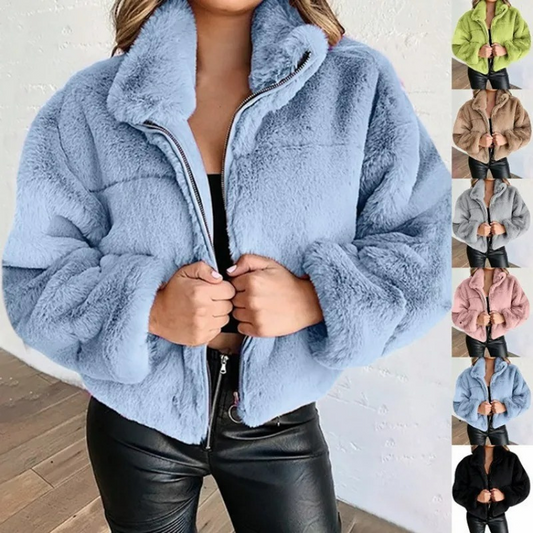 Chaqueta corta mujer teddy con cremallera y cuello alto - Mavetta