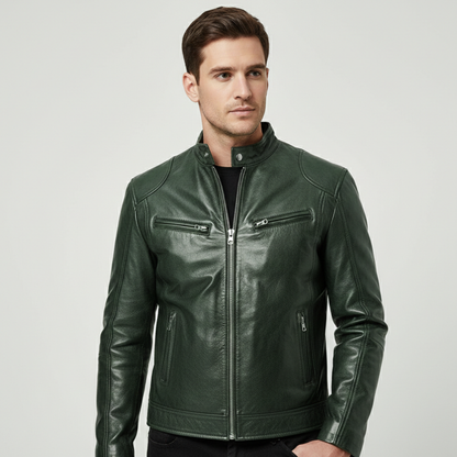 Chaqueta Hombre Cuero Sintético Cuello Alto Puños Ajustables