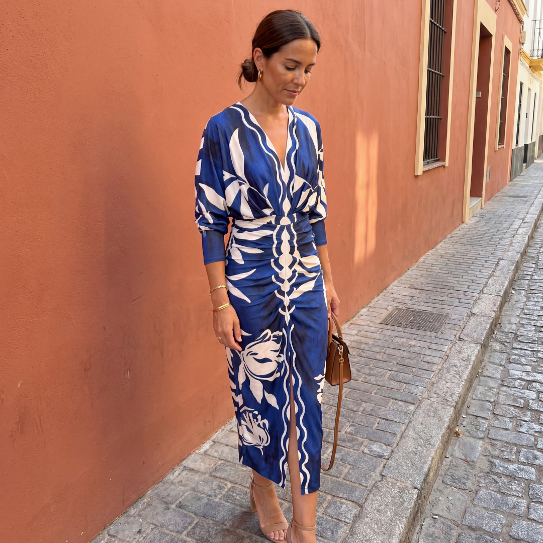 Vestido midi mujer cruzado fluido escote en V