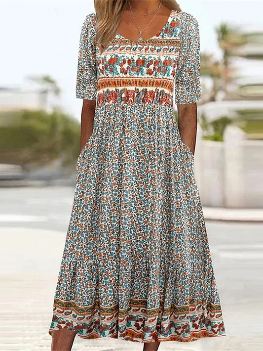 Vestido midi mujer estilo bohemio escote cuadrado mangas cortas - Mavetta