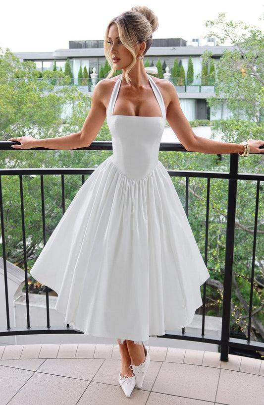 Vestido midi mujer de tirantes halter para eventos - Mavetta