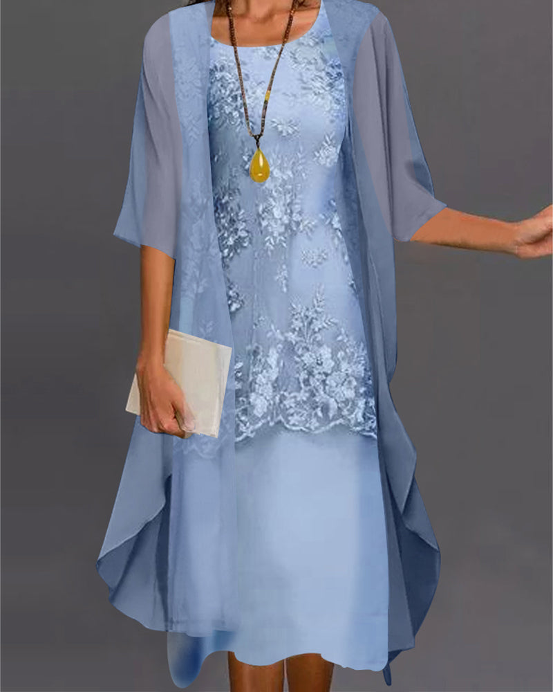 Vestido Mujer con Encaje y Capa de Gasa Estilo Invitada
