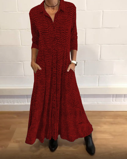 Vestido Midi Mujer Manga Media Cuello Camisa Bolsillos Laterales