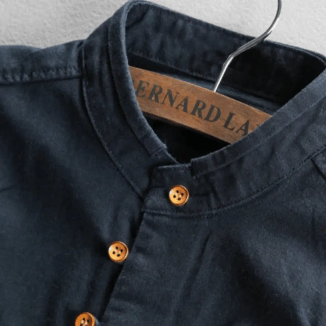 Camisa Hombre Algodón y Lino Cuello Mao Manga Larga Slim Fit