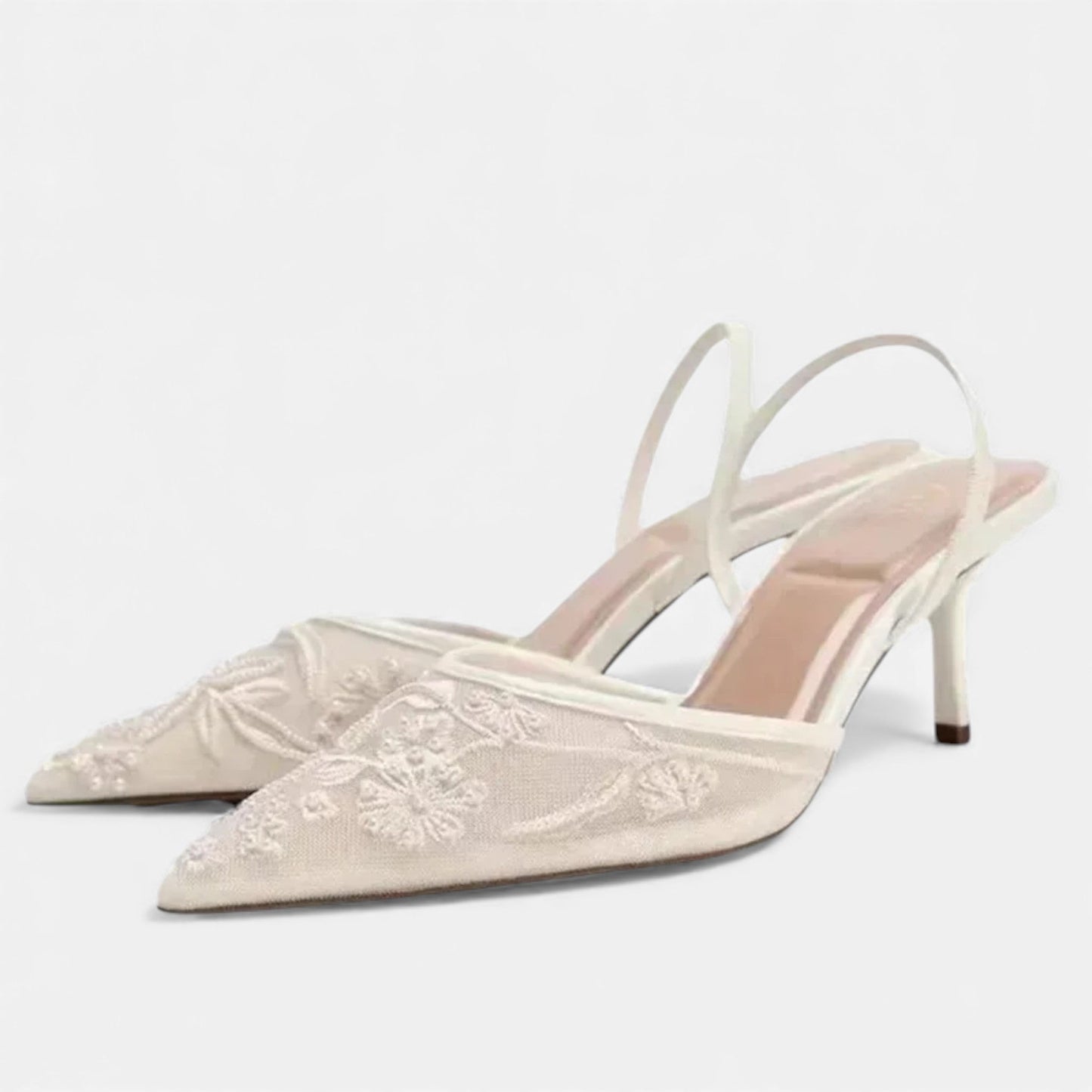 Zapatos Tacón Aguja Mujer Malla Bordada Punta Fina Correa