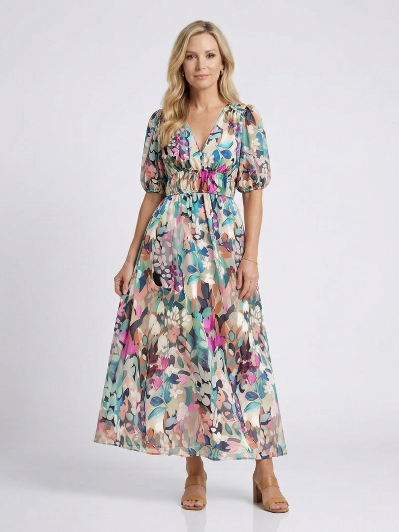Vestido midi mujer con cuello en V fruncido y estampado floral