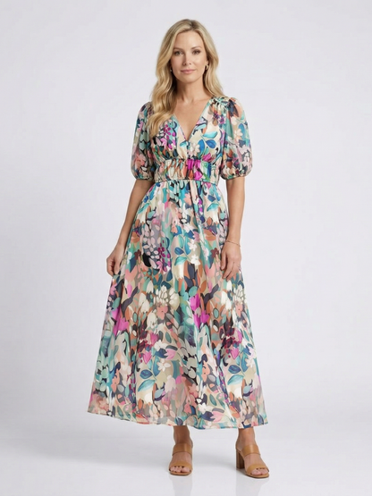 Vestido midi mujer con cuello en V fruncido y estampado floral