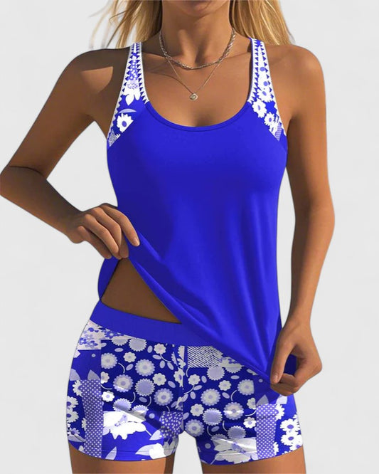 Tankini Mujer Dos Piezas Liso Espalda Nadadora Shorts Deportivos - Mavetta