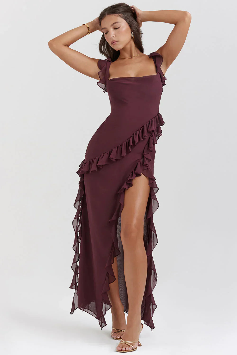 Vestido largo mujer con volantes escote espalda fiesta