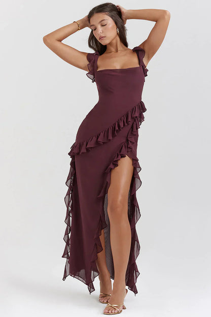 Vestido largo mujer con volantes escote espalda fiesta