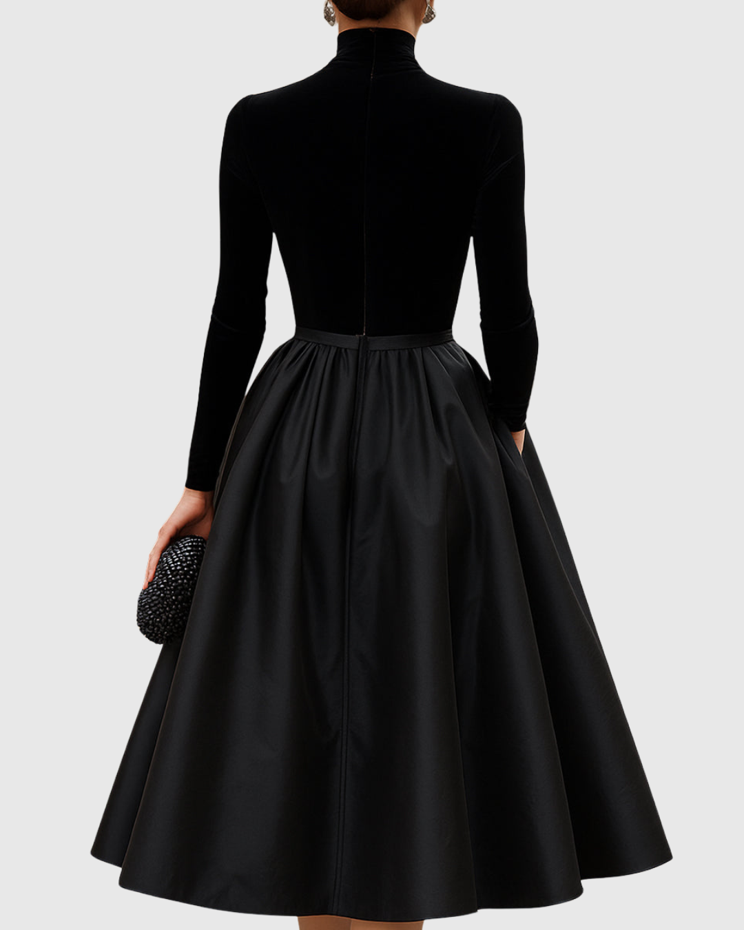 Vestido midi mujer de terciopelo y satén cuello alto falda amplia