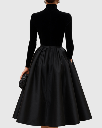 Vestido midi mujer de terciopelo y satén cuello alto falda amplia