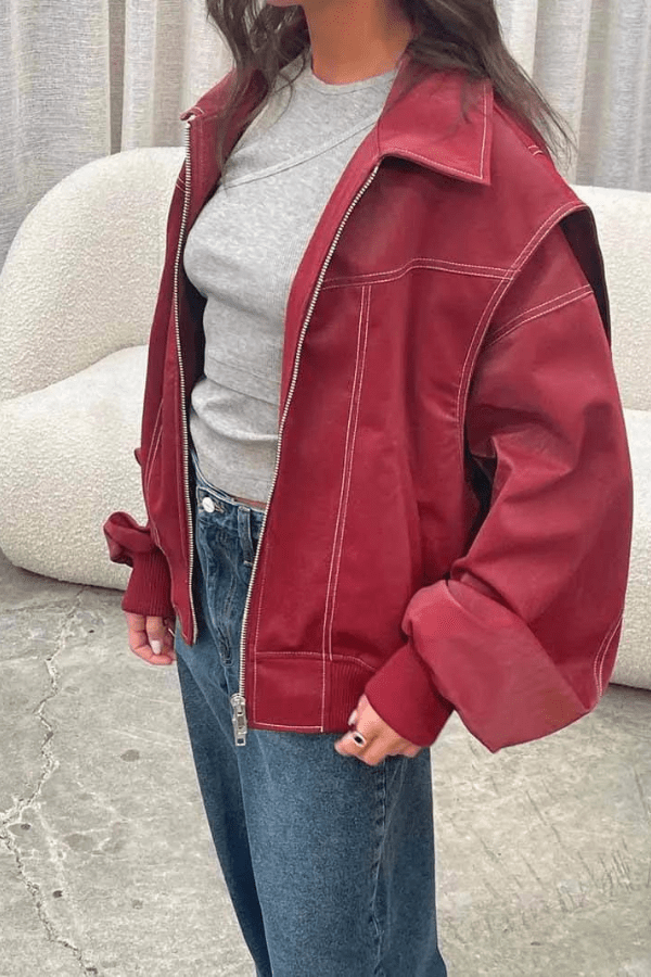 Cazadora Bomber Mujer Cuero Sintético Oversize Costuras Contrastadas