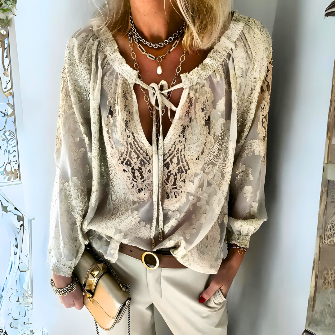 Blusa mujer de encaje con lazo al cuello elegante - Mavetta