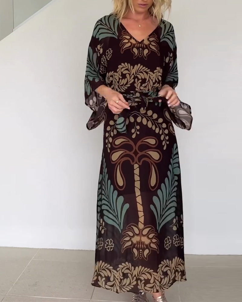 Vestido maxi mujer fluido estampado hojas estilo bohemio - Mavetta