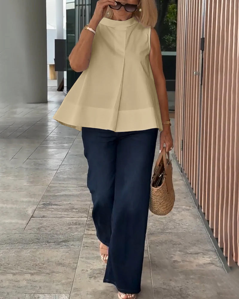 Mujer sin Mangas Cuello Alto Pliegue