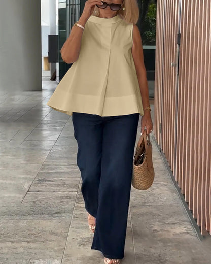 Mujer sin Mangas Cuello Alto Pliegue