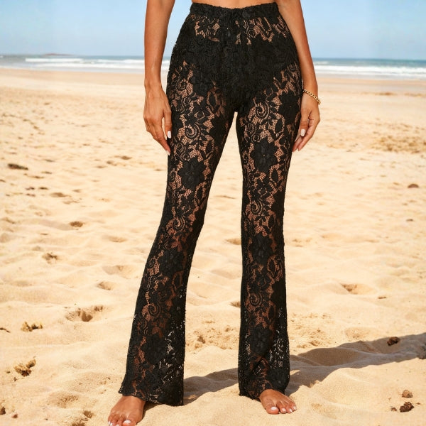 Pantalones Mujer de Encaje Floral Cintura Alta Pernera Acampanada
