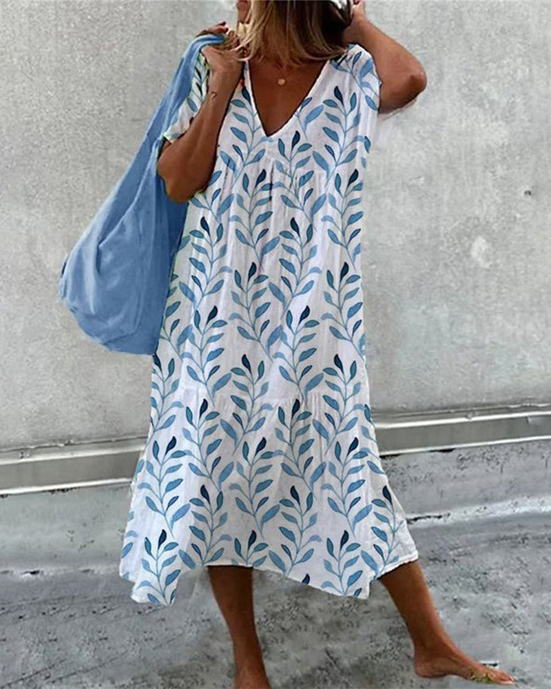 Vestido Midi Mujer Ligero Cuello en V Estampado Hojas - Mavetta
