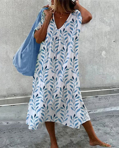 Vestido Midi Mujer Ligero Cuello en V Estampado Hojas - Mavetta