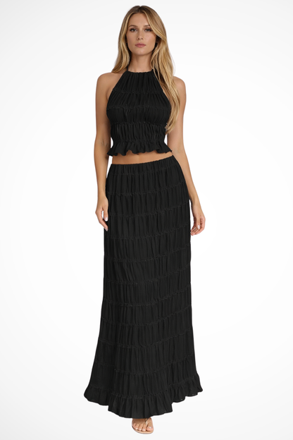 Conjunto Mujer Halter Fruncido y Falda Larga Fluida
