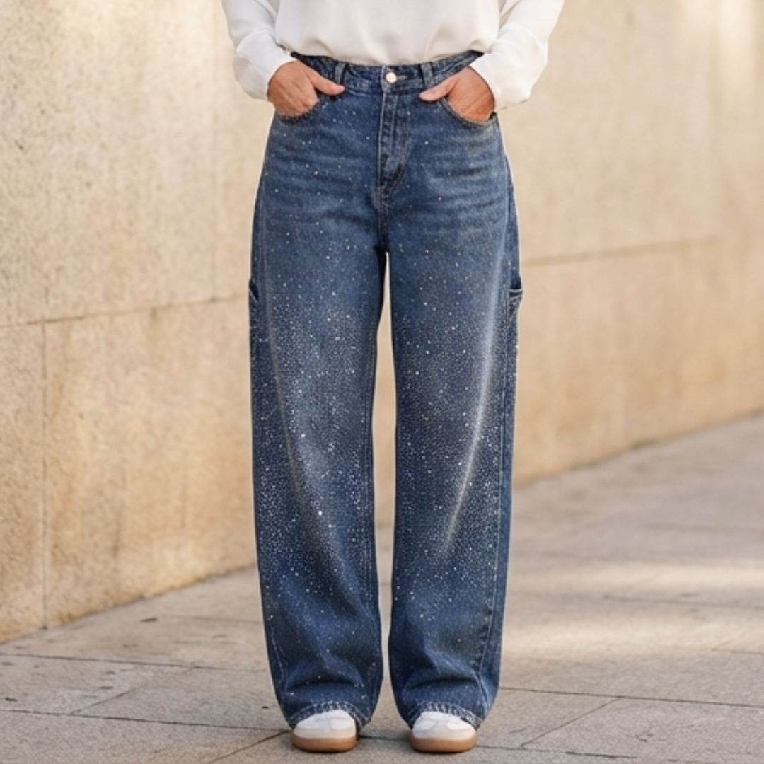 Pantalones Vaqueros Mujer Anchos Detalles Brillantes - Mavetta