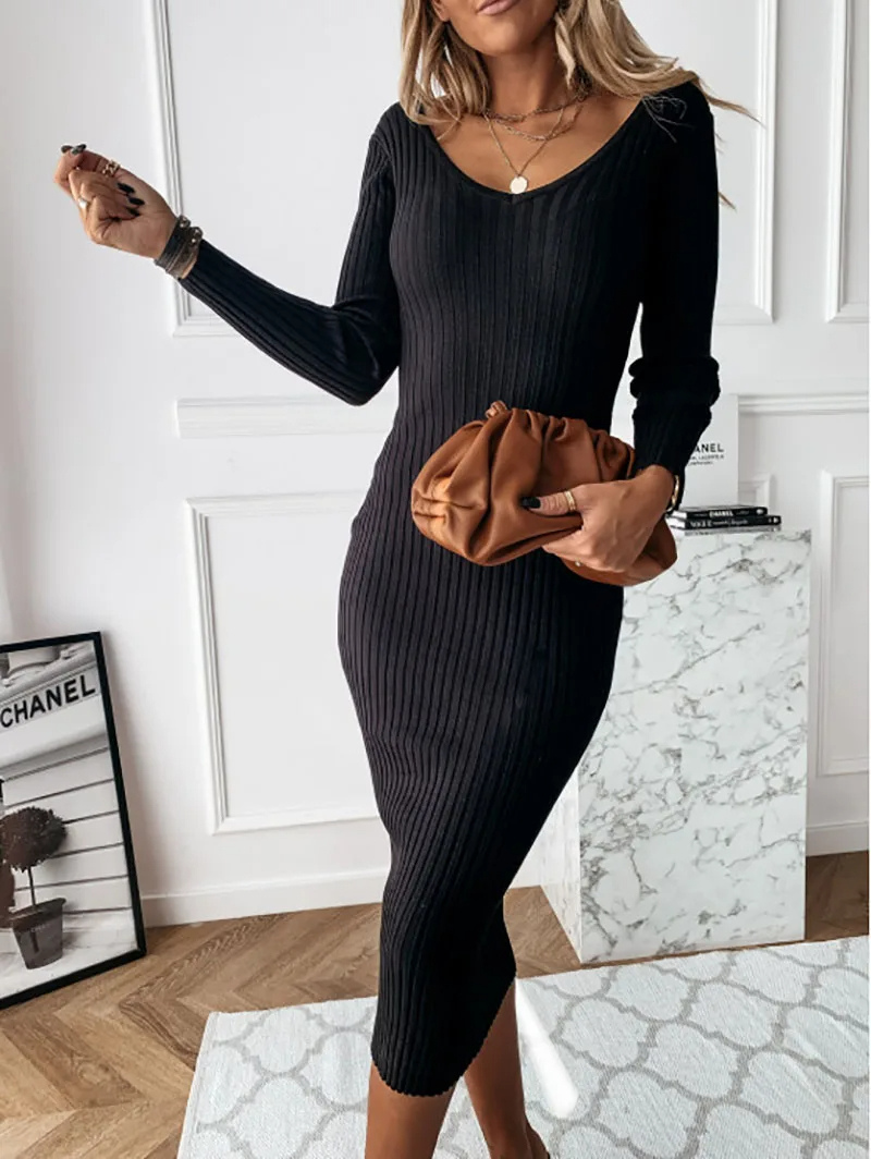 Vestido midi mujer de plumeti cuello en v manga larga - Mavetta