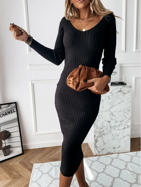 Vestido midi mujer de plumeti cuello en v manga larga - Mavetta