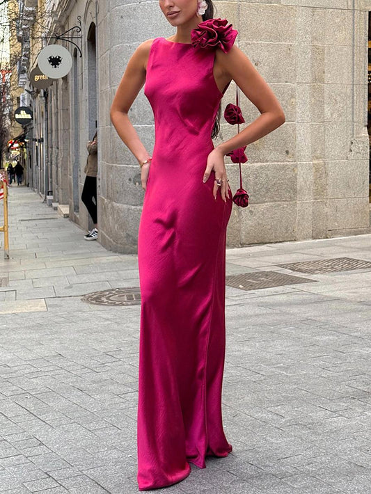 Vestido largo mujer con detalle floral para invitadas elegante - Mavetta