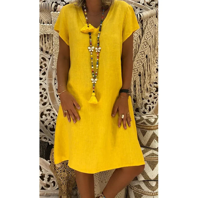 Vestido midi mujer Suave cuello en V mangas cortas