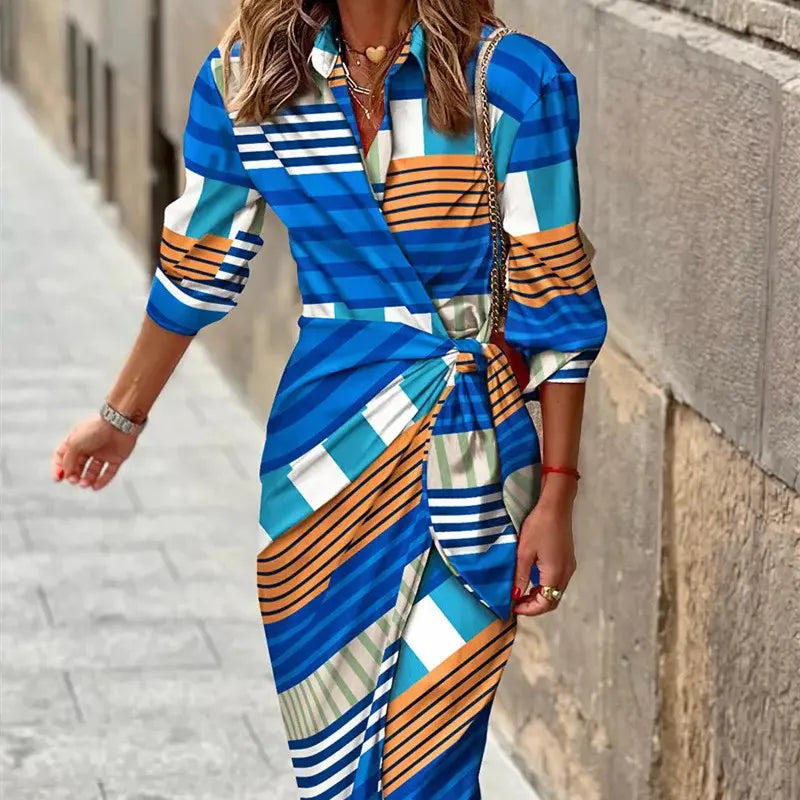 Vestido Midi Mujer Cruzado Manga Tres Cuartos Geométrico