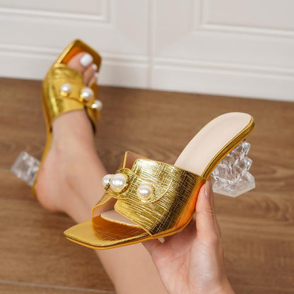 Sandalias Mujer de Lana Tacón Grueso Decoradas con Perlas y Cristales - Mavetta