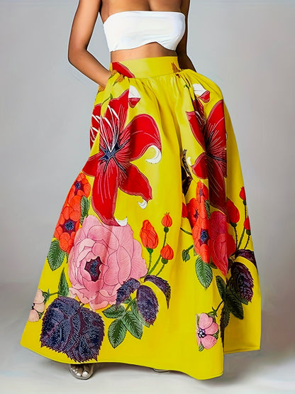 Falda Maxi Mujer Estampada Flores Cintura Alta