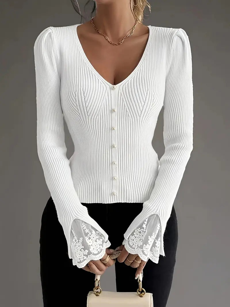 Blusa mujer de encaje y cuello en V manga larga